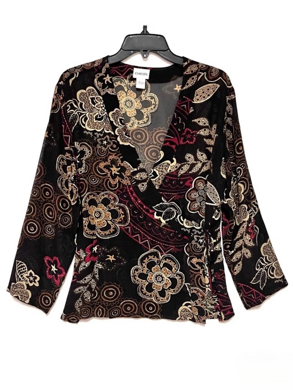 Chico’s 100% Silk Metallic Floral Wrap Blouse M Sheer Y2K Boho Whimsigoth